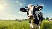 Dairy Cow On The Green Grass Field Background. AI Generated Image