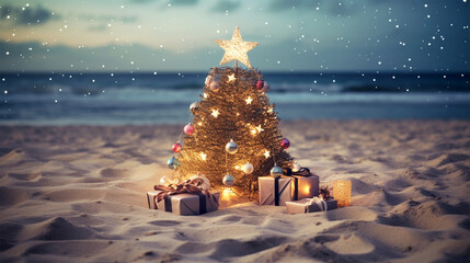 christmas tree on sandy tropical beach