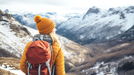 woman wearing rucksack hiking in winter