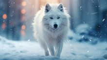 Wild White Wolf In Snow Blurred Background. AI Generated Image