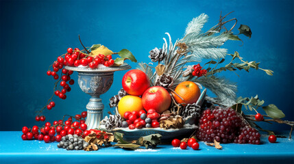 Sticker - christmas still life on blue background