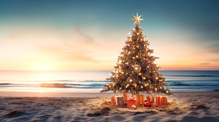 christmas tree on sandy tropical beach