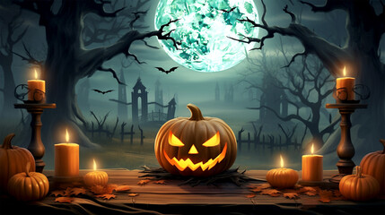 Wall Mural - halloween background Jack-o-lanterns on wooden table