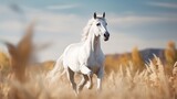 Fototapeta Zwierzęta - Beautiful white horse galloping in the field at sunset. AI generated image