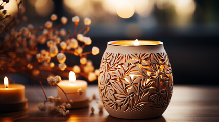 Sticker - Fall candle decoration with dried leaves, autumn wooden still life scented candle. generative ai