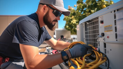 Poster - Air conditioner repairman works on home unit.