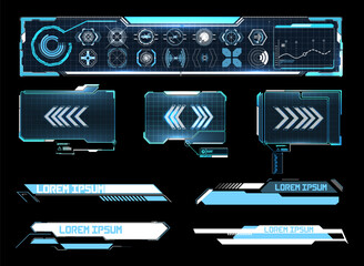 Poster - Retrofuturistic digital set 80s and 90s interface elements. Trendy 2023 shapes with Futuristic HUD interface in concept Cyberpunk. Futuristic tech set Retro wave cyberpunk with HUD	