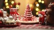 A tiny ant carrying a miniature candy cane on its back, making its way across a table filled with festive treats and decorations.