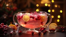 A Punch Bowl Filled With A Fruity, Bubbly Christmas Punch, Adorned With Floating Cranberries And A Hint Of Mint, Surrounded By Glowing Candles.