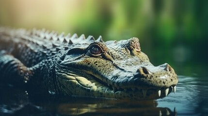 Wild crocodile on blur nature background. AI generated image