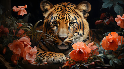 Illustration of an oil painting portrait of a leopard among roses and palm leaves
