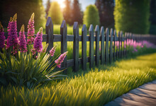  Wooden Fence Near The House, Grass Near The Fence And Flowers