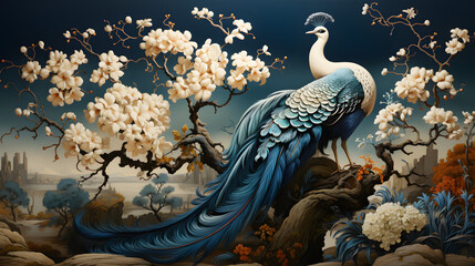 wallpaper with white peacock birds with trees plants and birds in a vintage style landscape blue background
