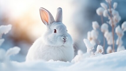 White rabbit is sitting on snow blurred background. AI generated image