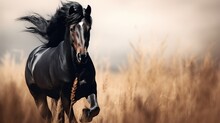 Beautiful Black Horse Galloping In The Field At Sunset. AI Generated Image
