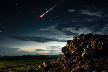 a meteor streaks across the night sky