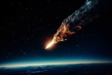 a meteor streaks across the night sky, view from space