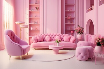 Wall Mural - Modern, pink living room. Light interior.