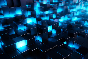 Poster - abstract 3d background group of shiny cubes with blue lights