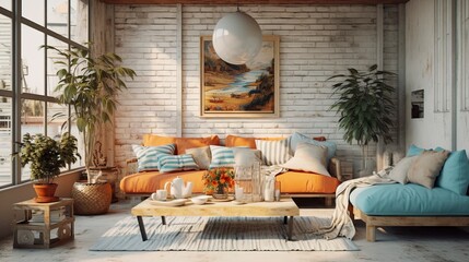 Wall Mural - Bright interior with wicker furniture. Generation AI