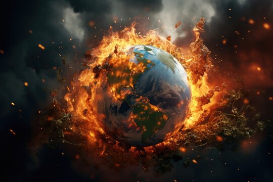 burning destroyed world with explosions, climate concept