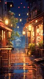Fototapeta Fototapeta uliczki - Anime-style illustration of an urban street on a rainy night