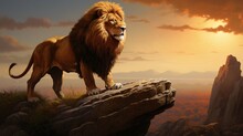 A Lion Standing On Top Of A Rock In A Field.
