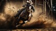 
Dramatic photorealistic rodeo scene with a bronc rider riding a bronc, movie poster style, flying dirt. Cowboy riding galloping horse, epic moment