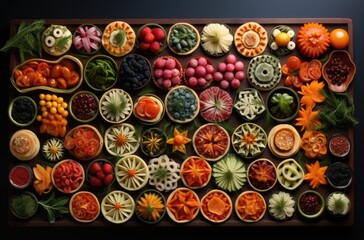 Sticker - A large plate of fruit and vegetables arranged in a circle, AI