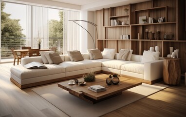 Wall Mural - Living room interior design with wooden elements