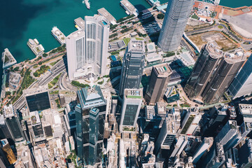 Wall Mural - Aerial scenery panoramic view from drone of Hong Kong skyscrapers skyline with metropolitan bay.