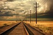 Train track with power lines, clouds & telephone poles in foreground and background. Generative AI
