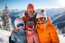 Family ski vacation in the Alps mountains with a group of young skiers, Parents teaching their children alpine downhill skiing, all wearing ski gear, eye wear