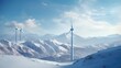 Wind turbines amidst snow-capped mountains blending technology and nature