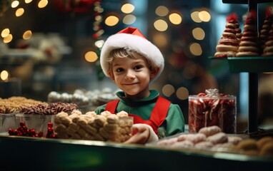 Wall Mural - A little kid boy as a baker helper in a bakery, baking colorful and delicious christmas cakes