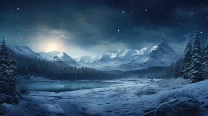 Poster - A snowy mountain landscape with a lake in the foreground. Generative AI.