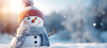 Snowman Closeup - Cute, Funny, Laughing - Wearing Wool Hat And Scarf - On Snowy Snowscape - With Bokeh Lights - Illuminated By The Sun - Winter Holiday Christmas Background Banner With Copy Space