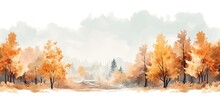 Fall Themed Watercolor Painting Of A Picturesque Forest With Colorful Trees And Beautiful Leaves Showcasing An Elegant And Minimalist Scenery In Vintage Pastel Colors
