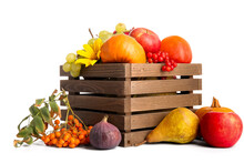 Wooden Box With Different Fresh Fruits, Pumpkins And Berries On White Background