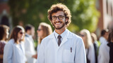 Fototapeta  - Close-up face of a young happy graduated Doctor or  Pharmacist.  A proud medical student, receiving a white coat during a ceremony. Healthcare professional. 