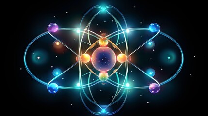 Wall Mural -  Exquisite representation of an atom's inner beauty with radiant orbs and intertwining rings in space.
