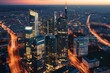 Aerial view of Warsaw's modern skyscrapers and business center; view of the city center from above in Warsaw, Poland. Generative AI