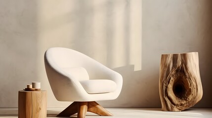 Wall Mural - Fabric lounge chair and wood stump side table against beige stucco wall with copy space. Rustic minimalist home interior design of modern living room.