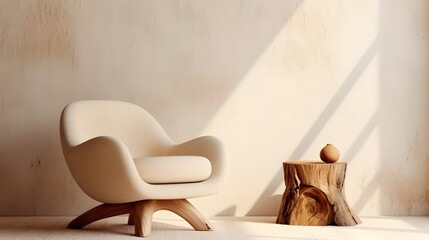 Wall Mural - Fabric lounge chair and wood stump side table against beige stucco wall with copy space. Rustic minimalist home interior design of modern living room.