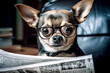 Cute dog with glasses reading the newspaper