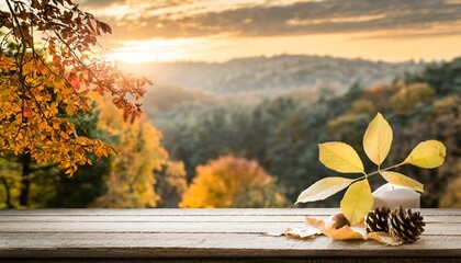 Sticker - beautiful fall autumn sunset forest woodland natural mockup wooden table empty product free space display montage