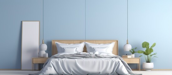 Bedroom with blue wall and two vertical poster frame mockups Soft morning light and curtains illustration