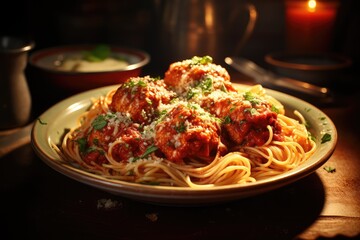 Wall Mural - A plate of spaghetti with meatballs and marinara sauce