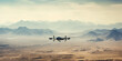 A military drone surveils a vast, barren desert.