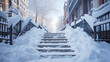 Snow covered street stairs pose a danger to pedestrians due to their slippery nature increasing the risk of falls
